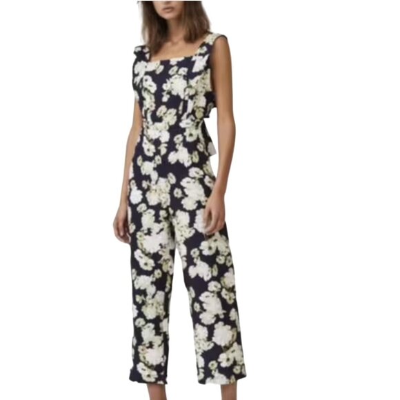 SIR. Bellagio Linen Black White Floral Wide Leg Jumpsuit w/ Ruffle Straps - Sz 4 - Picture 1 of 12